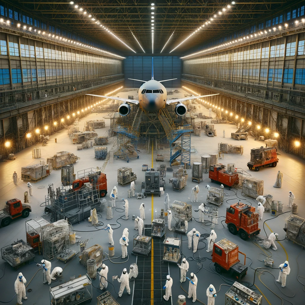 A vast scene inside a large aircraft hangar dedicated to paint spraying activities. Equipped with fire-ratd lights